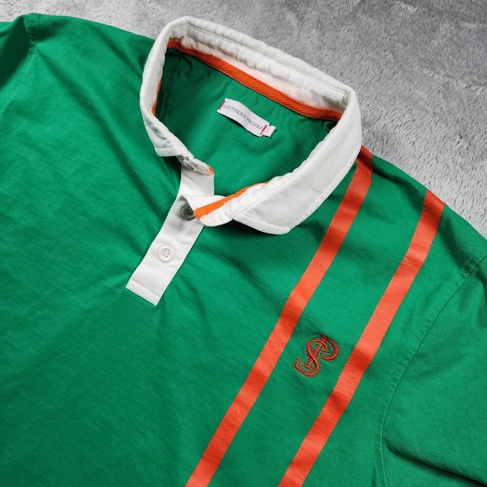 Southern Proper Rugby Shirt Mens Large Green Orange Stripe Polo Preppy Casual